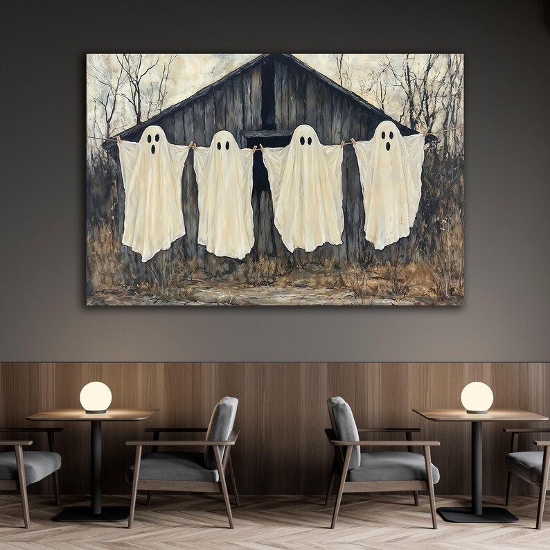 Spooky Ghosts on Clothesline Canvas Wall Art Rustic Haunted Painting
