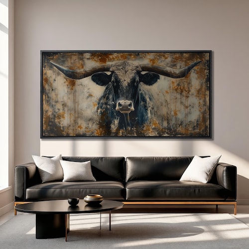 Rustic Longhorn Bull Canvas Print: Abstract Farmhouse Wall Art