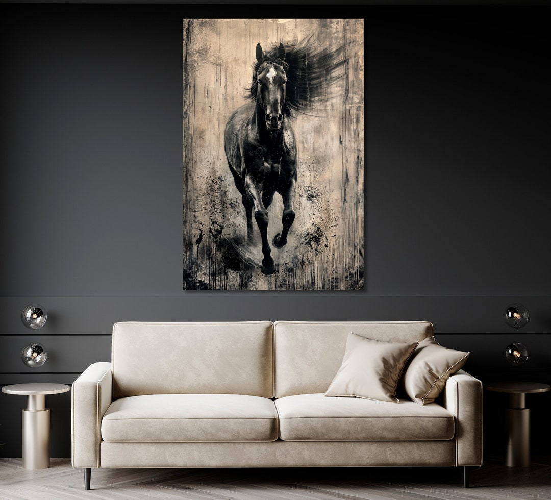 Dynamic Black Horse Print Abstract Equine Canvas Wall Art Galloping ...