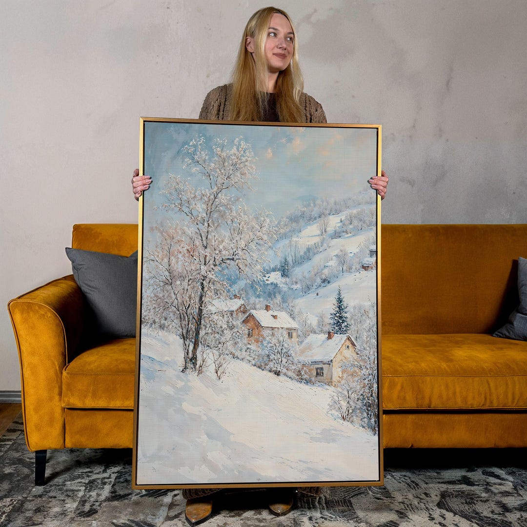 Winter Wonderland Framed Canvas Print: Snowy Mountain Village Wall Art ...