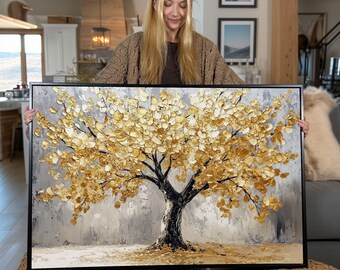 Gold Leaf Tree Canvas Art: Abstract Nature Print, Ready to Hang