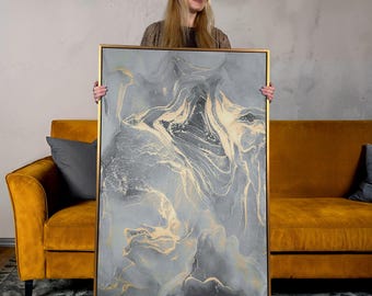 Graue Marmor Leinwand: Abstrakte Goldadern Fluid Art