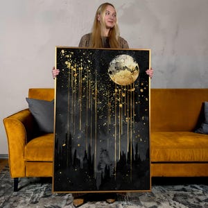 Golden Moon Canvas Art: Abstract Starry Night, Modern Celestial Wall Decor