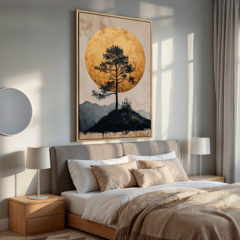 a living room with a couch and a painting on the wall