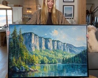Panoramic Green Forest Framed Canvas Print: Mountain Lake Landscape