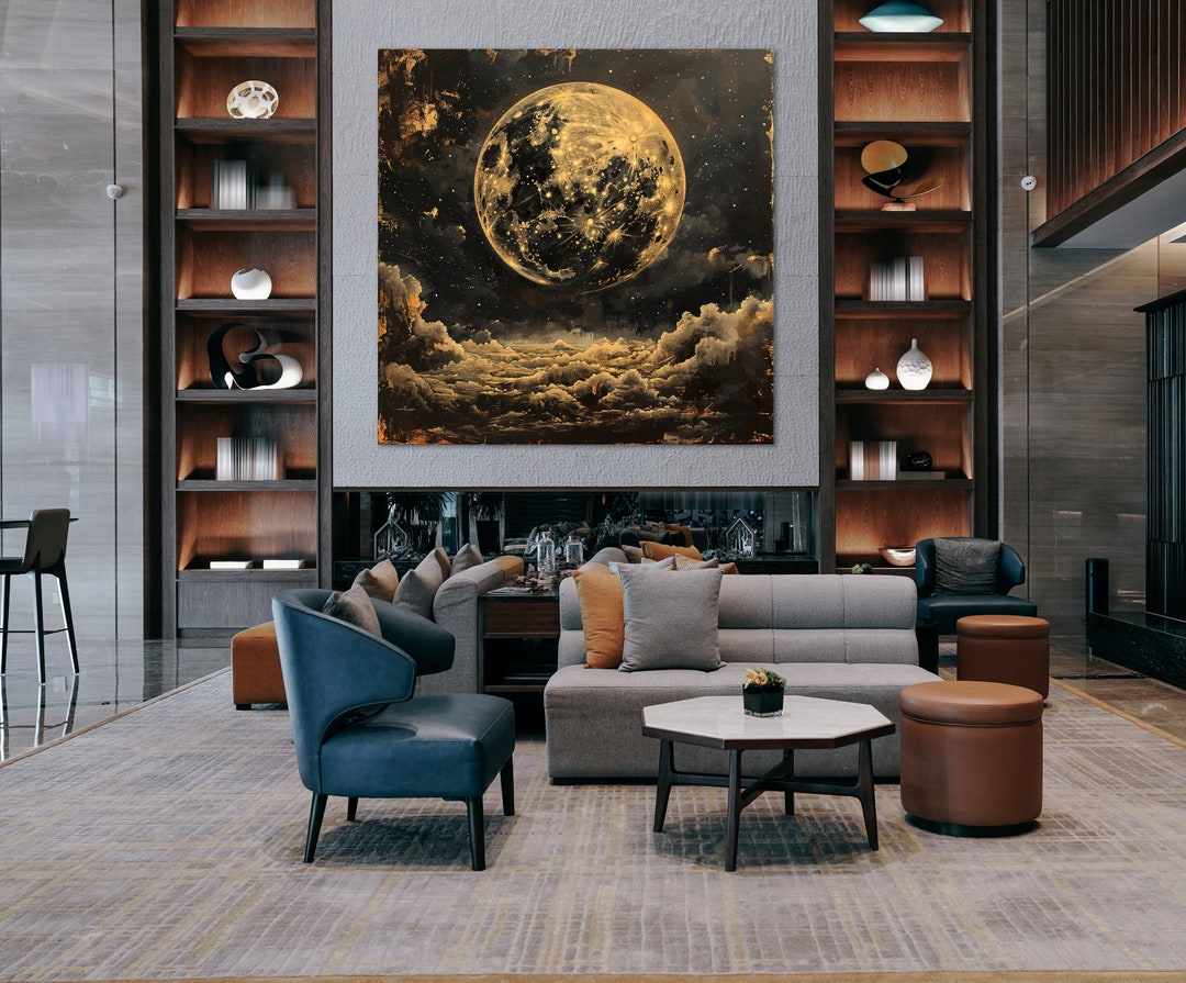 Golden Full Moon Over Clouds Canvas Wall Art Moonlit Night Sky Painting ...
