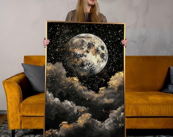 Moonrise Canvas Art: Golden Clouds, Celestial Night Sky Print