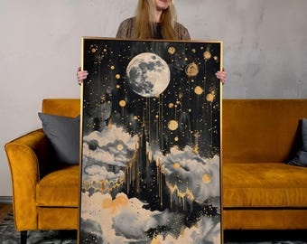 Toile d'art lune céleste : peinture abstraite ciel étoilé, prête à accrocher