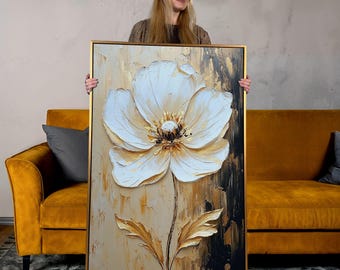 Gold & White Floral Canvas Print: Abstract Flower Painting, Ready to Hang