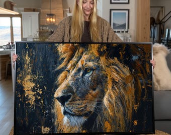 Lion Portrait Canvas Print: Gold Paint Effect, Wild Animal Wall Art