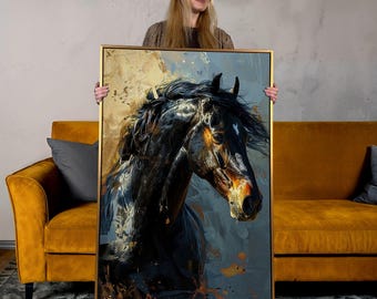 Black Horse Portrait Painting Print: Equestrian Canvas Wall Art