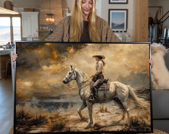 Cowgirl & White Horse Canvas Art: Western Desert Equestrian Print
