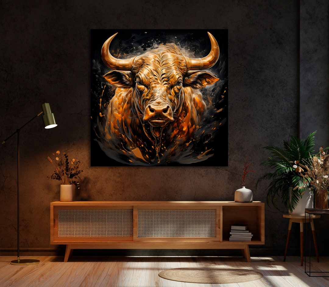 Golden Bull Painting Print Large Animal Canvas Wall Art Abstract Wild ...