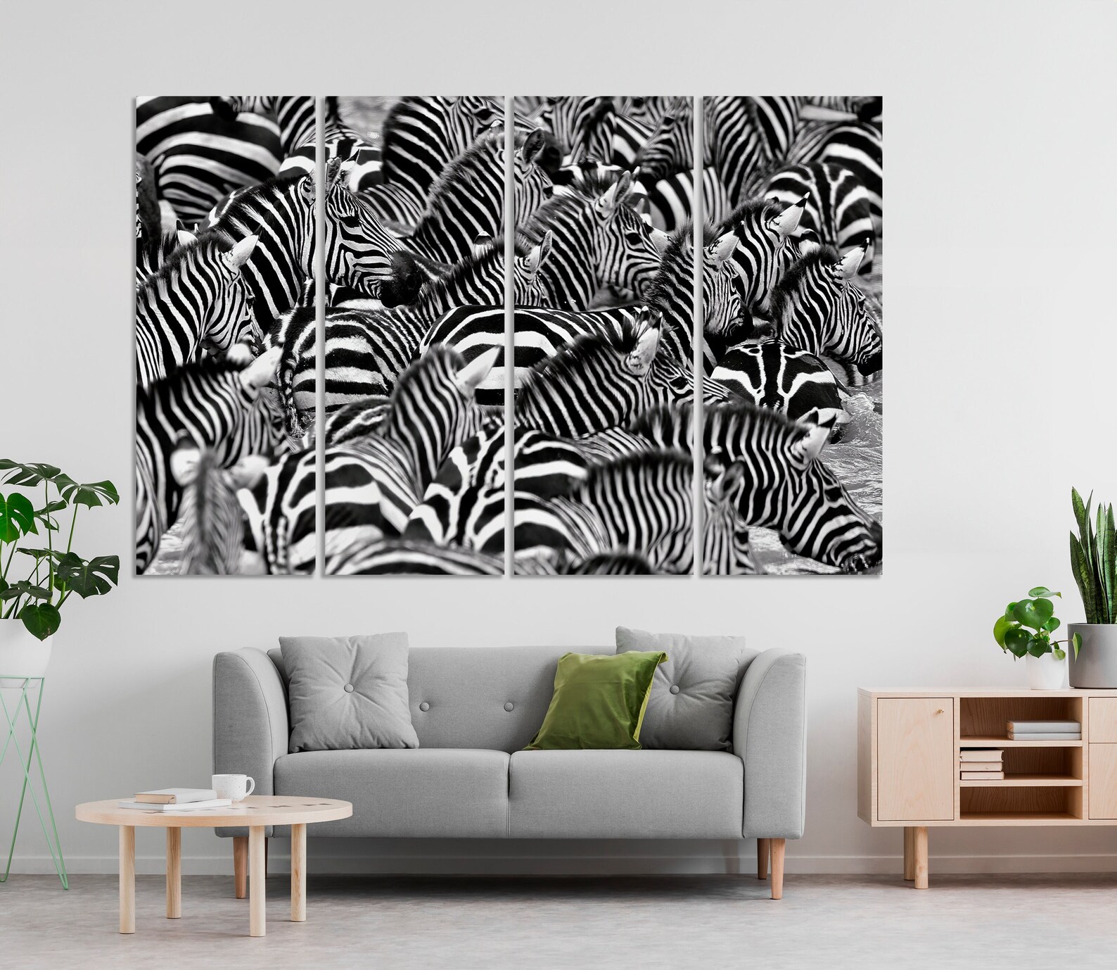 Big Herd of Zebra Print Black and White Animal Canvas Wall Art Wild