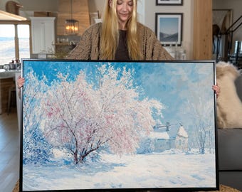 Framed Snowy Cabin Canvas Print: Winter Landscape Wall Art