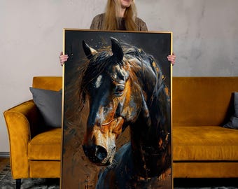 Stampa di un dipinto di un cavallo dorato: tela artistica da parete con motivo equestre in stile fattoria