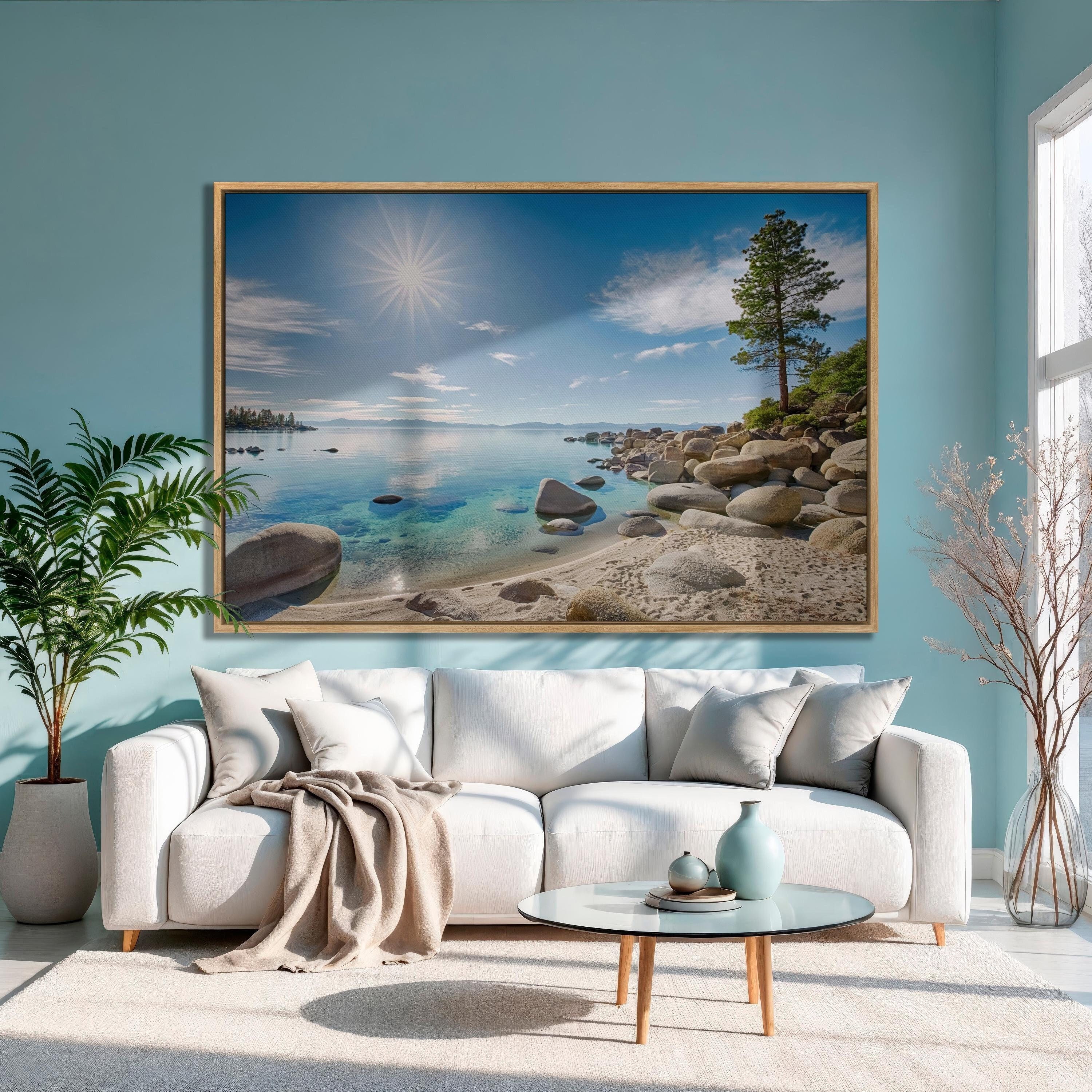 Lake Tahoe Nature Canvas Wall Art - Nevada Panoramic Print East Shore Beach Scene, Stunning Turquoise Waters Wide Wall Art Decor for Home