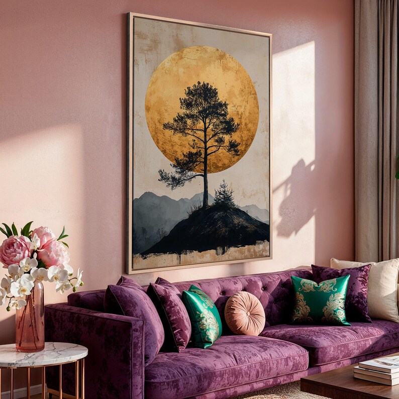 a living room with a couch and a painting on the wall