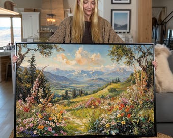Framed Mountain Landscape Canvas Print: Wildflower Meadow Wall Art