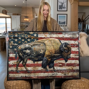 American Bison Canvas Art: Vintage USA Flag Wood Panel Print