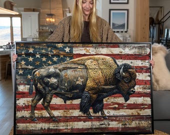 American Bison Canvas Art: Vintage USA Flag Wood Panel Print