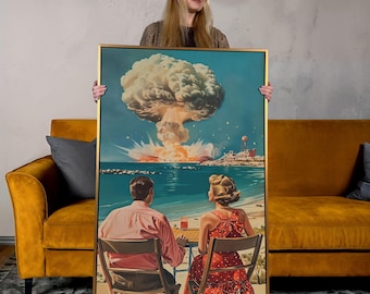 Couple at Atomic Blast, toile rétro, impression d'art sur la plage, explosion nucléaire, nuage, champignon, décoration murale, affiche surréaliste, cadeau prêt à accrocher