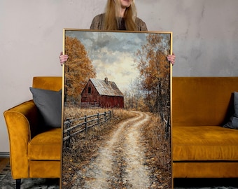 Framed Red Barn Canvas Print: Rustic Autumn Landscape Wall Art