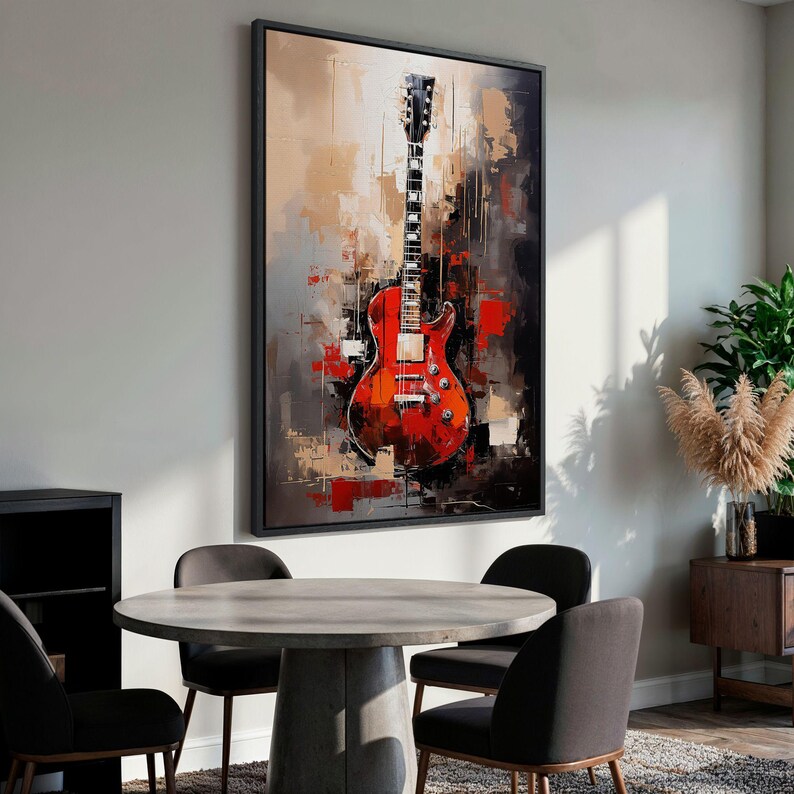 Red Guitar Painting: Abstract Acrylic Music Room Canvas Art Print image 15