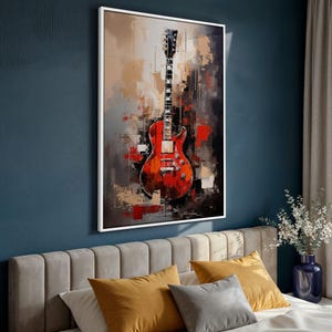 Red Guitar Painting: Abstract Acrylic Music Room Canvas Art Print White Frame
