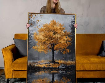 Autumn Tree Canvas Print: Orange Leaf Lake Landscape Wall Art