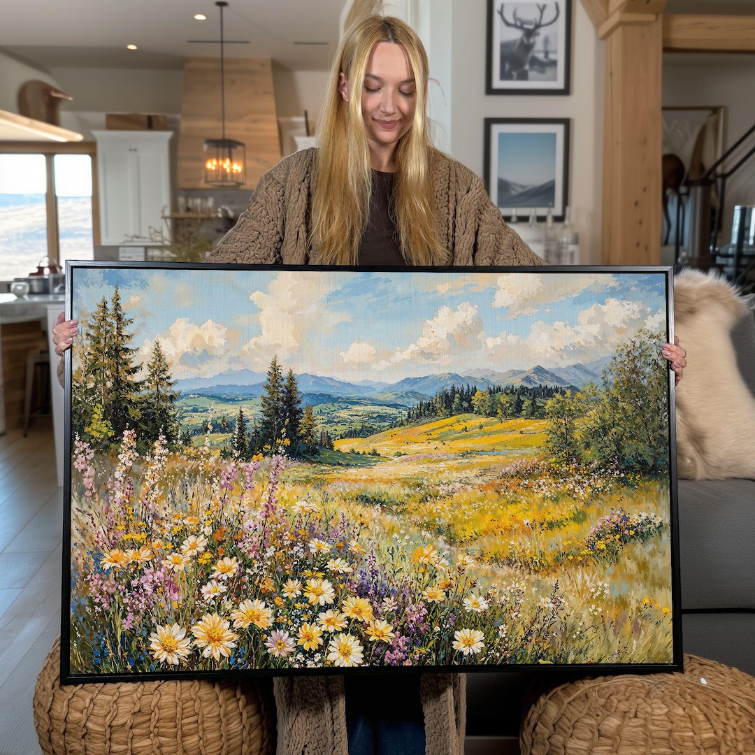 Wildflower Meadow Framed Canvas Print: Mountain Landscape Wall Art - Etsy