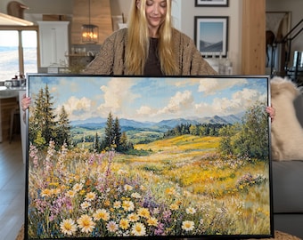 Wildflower Meadow Framed Canvas Print: Mountain Landscape Wall Art