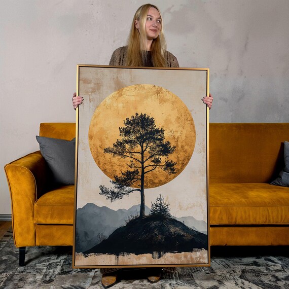 Lone Tree Golden Moon Canvas Print: Serene Landscape Wall Art