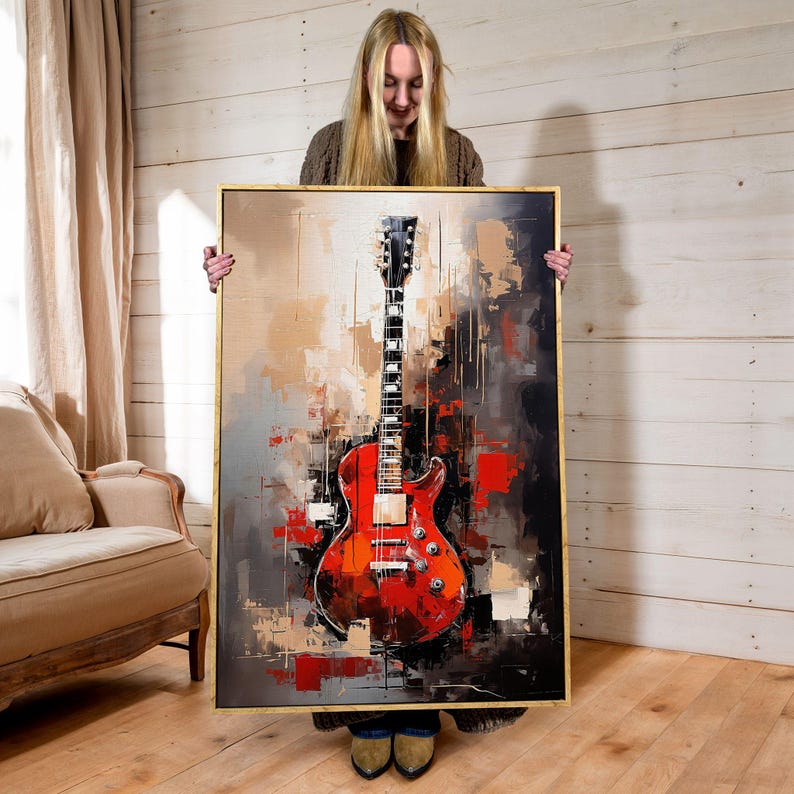 Red Guitar Painting: Abstract Acrylic Music Room Canvas Art Print image 17