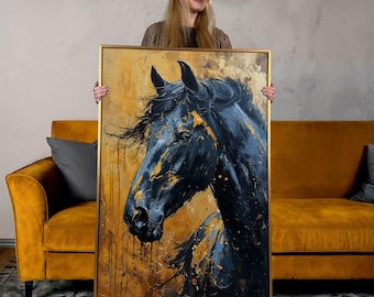 Gold and Black Horse Painting: Equestrian Canvas Wall Art