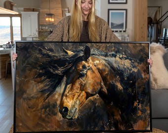 Equine Canvas Print: Brown and Golden Horse Painting, Equestrian Wall Art