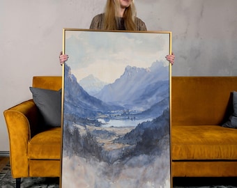 Framed Mountain Lake Canvas Print: Extra Large Watercolor Wall Art