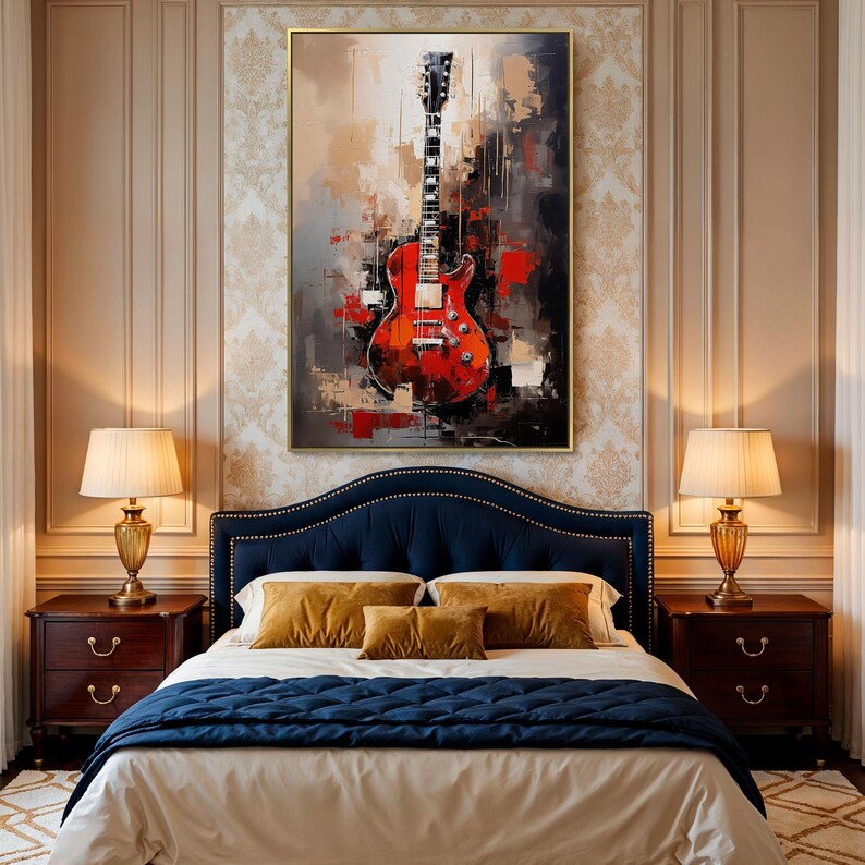 Red Guitar Painting: Abstract Acrylic Music Room Canvas Art Print image 16