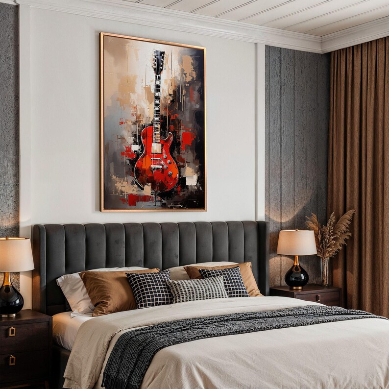 Red Guitar Painting: Abstract Acrylic Music Room Canvas Art Print image 14