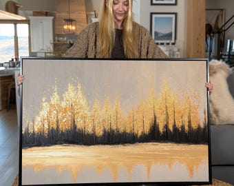 Golden Autumn Trees Canvas Art: Abstract Landscape Painting