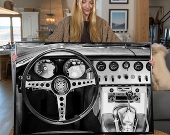 Jaguar E-Type canvaskunst: zwart-wit fotografie oldtimers