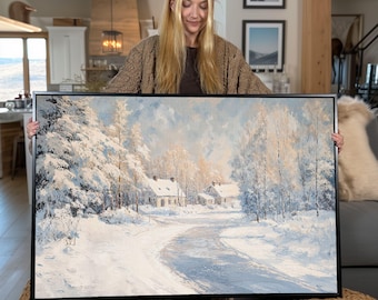 Framed Winter Village Canvas Print: Snowy Trees, Cozy Cabin Decor