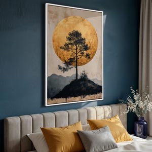 Lone Tree Golden Moon Canvas Print: Serene Landscape Wall Art White Frame