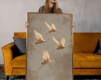 Japanese Crane Canvas Art: Serene Flight, Neutral Minimalist Decor