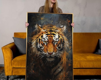Vertical Tiger Oil Painting Print: Jungle Wildlife Canvas Wall Art