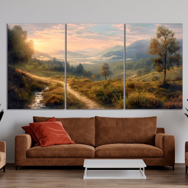 Misty Mountain Valley in Morning Light Painting Print Scenic Landscape Canvas Wall Art Sunrise Nature Wall Decor Ready to Hang Serene Poster