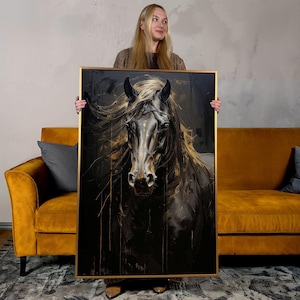 Horse Head Oil Painting Print: Gold Drip Black Canvas Wall Art