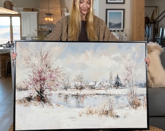 Winter Village Framed Canvas Print: Snowy Lake Cottage Scene