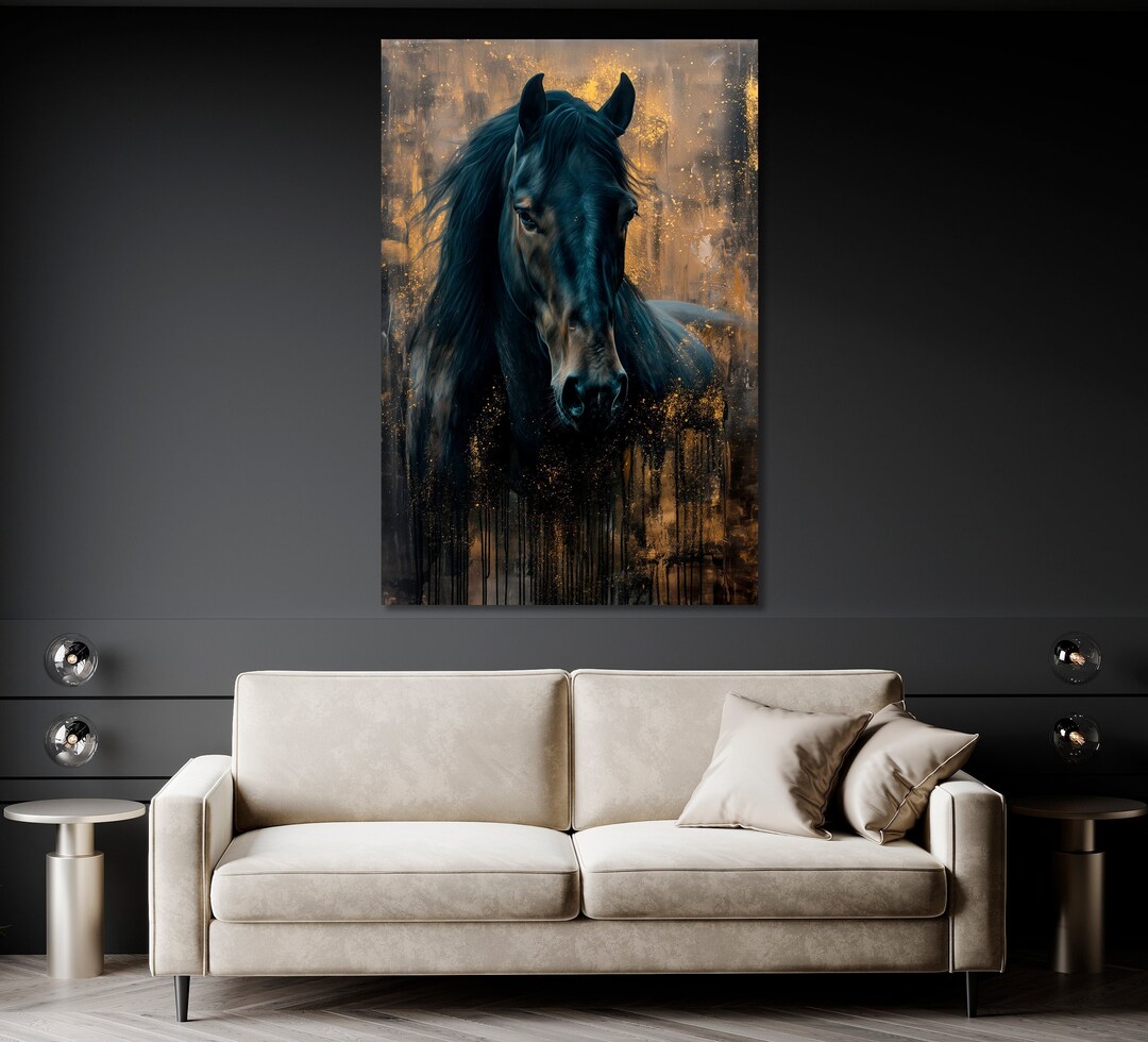 Stunning Black Stallion Painting Print Horse Canvas Wall Art Abstract ...