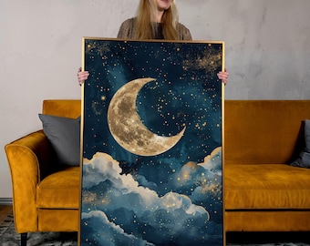 Golden Moon Canvas Print: Mystical Starry Night Wall Art